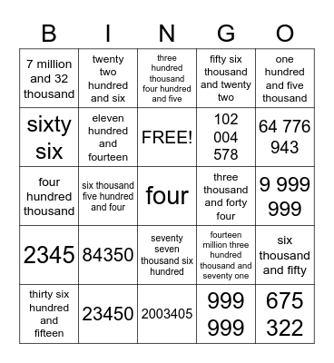Large Number Bingo Card