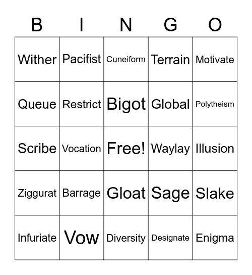 UNIT 3 VOCABULARY Bingo Card