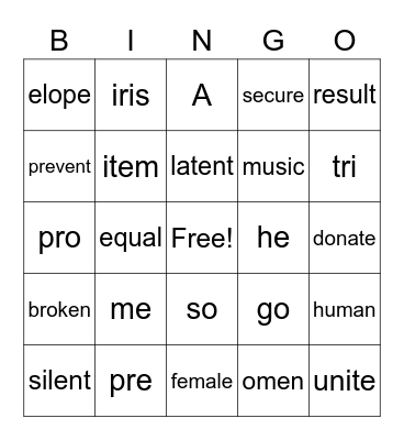 Open, V.CV pattern Bingo Card