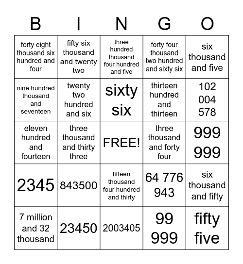 Large Number Bingo Card