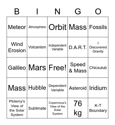 Planetary Systems Bingo Card