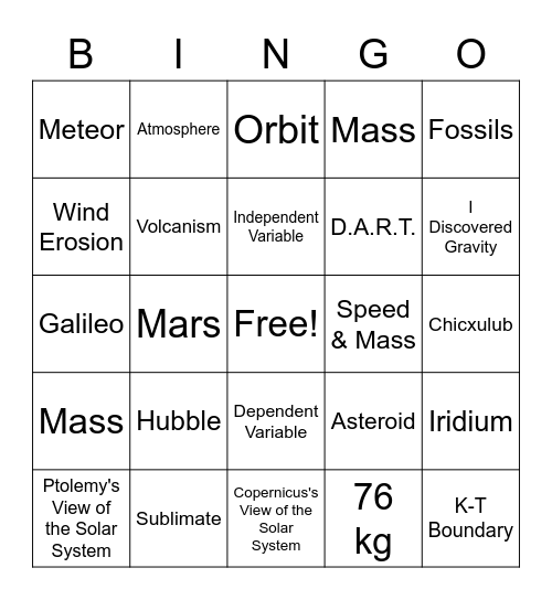 Planetary Systems Bingo Card