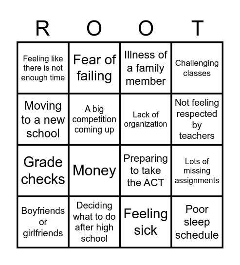 Causes of Stress Bingo Card