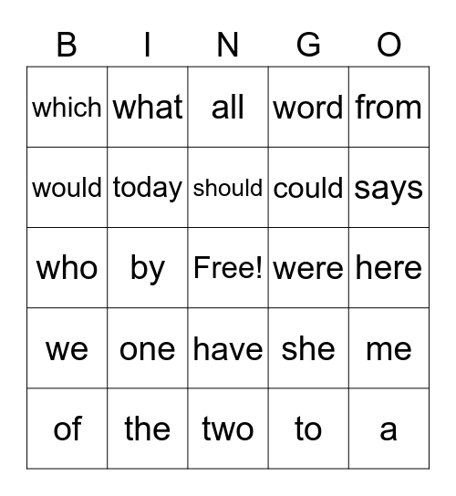 Tricky Word Bingo Card