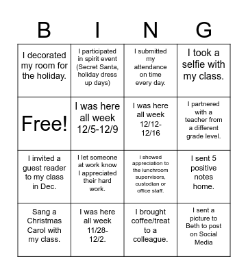 Staff Christmas Bingo Card