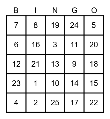 Number Bingo Card