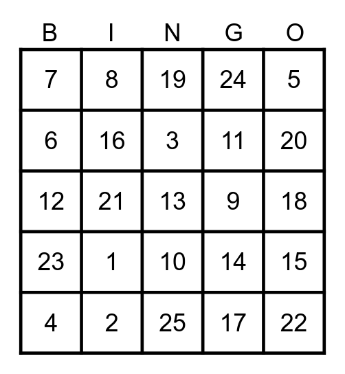 Number Bingo Card