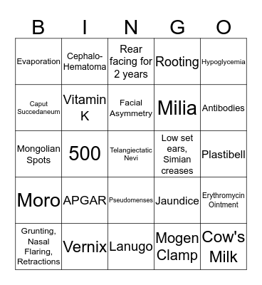 Newborn Nursing Bingo Card