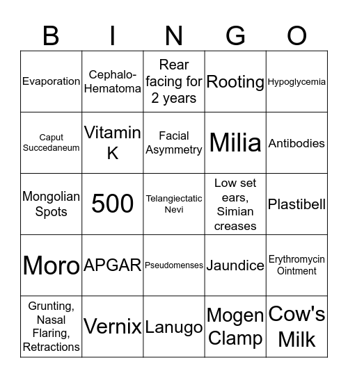 Newborn Nursing Bingo Card