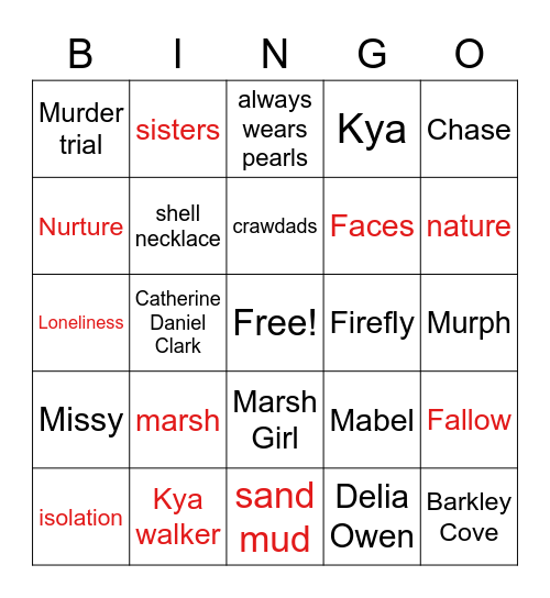 Where the Crawdads Sing Bingo Card