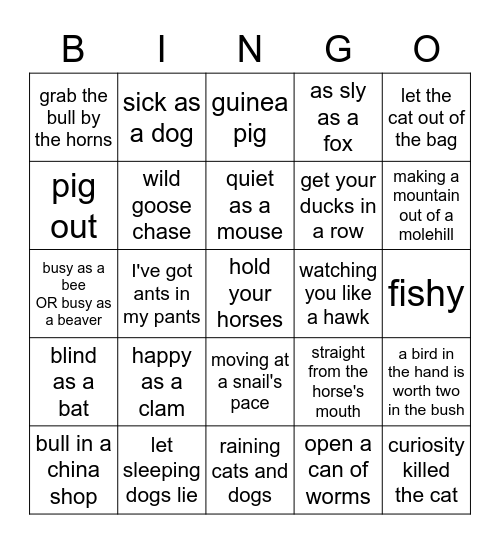 Animal Idioms Bingo Card