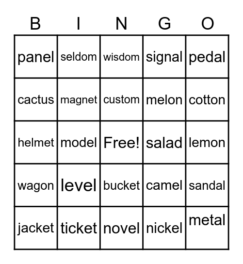 schwa Bingo Card