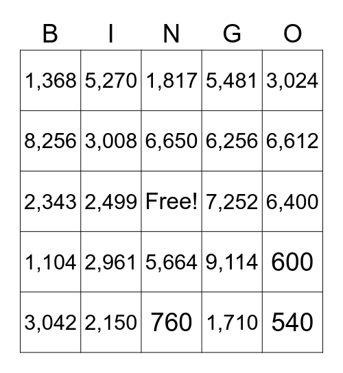Multiplication Bingo Card