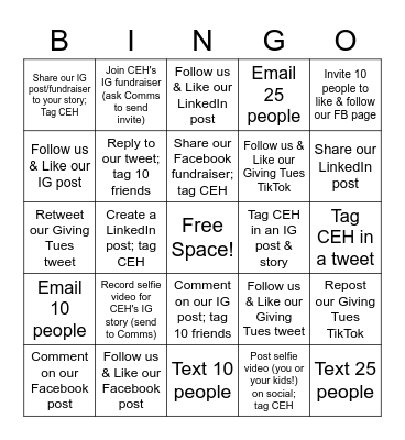 CEH Giving Tuesday 2022 Bingo! Bingo Card