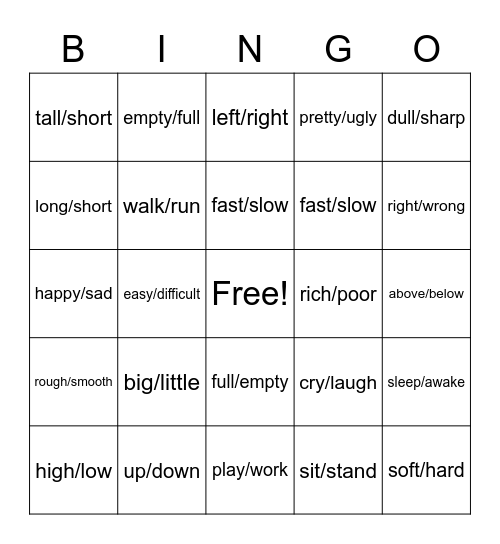 Opposites Bingo Card