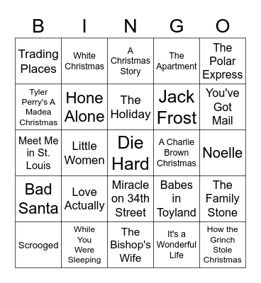 Holiday Movies 2022 Bingo Card