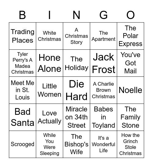 Holiday Movies 2022 Bingo Card