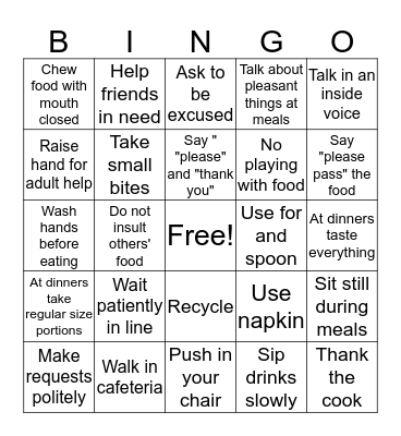 Good Manners for Meals Bingo Card
