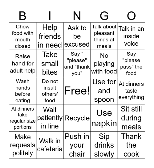 Good Manners for Meals Bingo Card