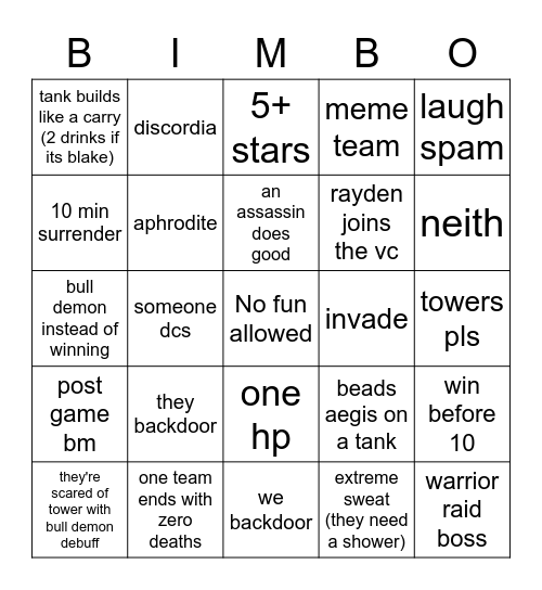 joust Bingo Card