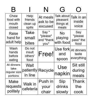 Good Manners for Meals Bingo Card