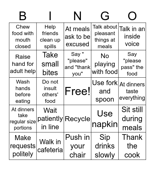 Good Manners for Meals Bingo Card