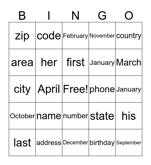 Personal Information Bingo Card