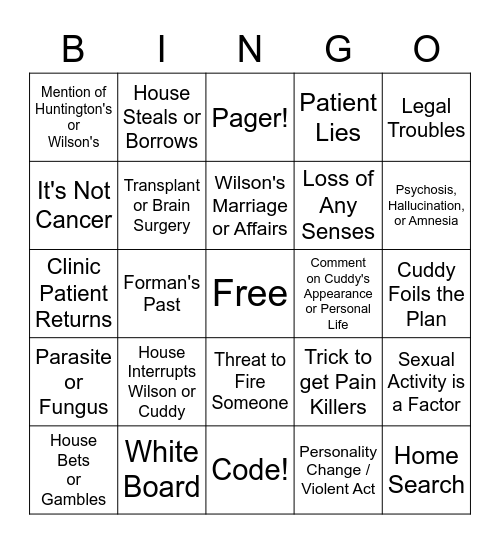 Dr. House Bingo Card