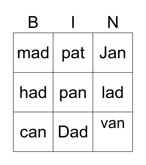 CVC Short a Day 3 Bingo Card