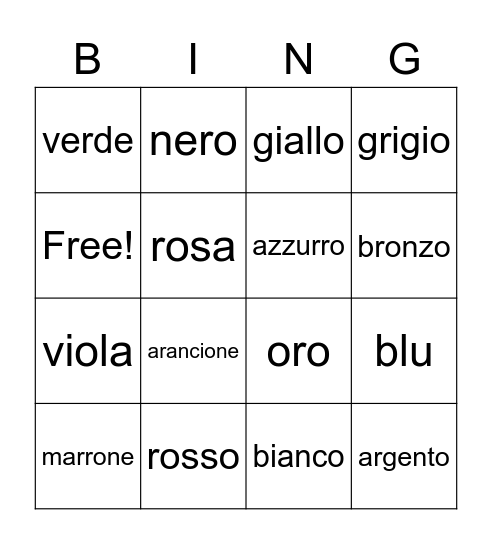 Italian Colours Bingo Card