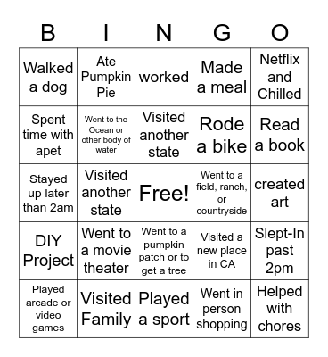 Fall Break Bingo Card