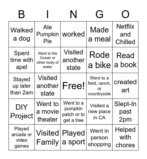 Fall Break Bingo Card