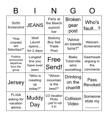 Carolina Snowboarding Bingo Card