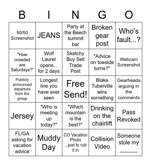 Carolina Snowboarding Bingo Card