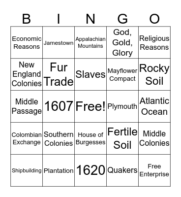 13 Colonies Bingo Card