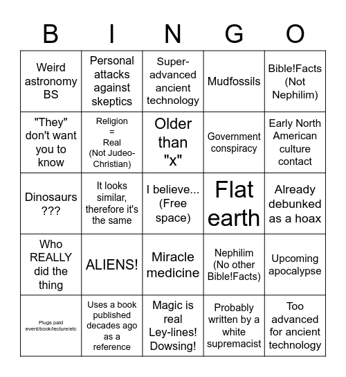 Fraudulent Archaeology Bingo Card