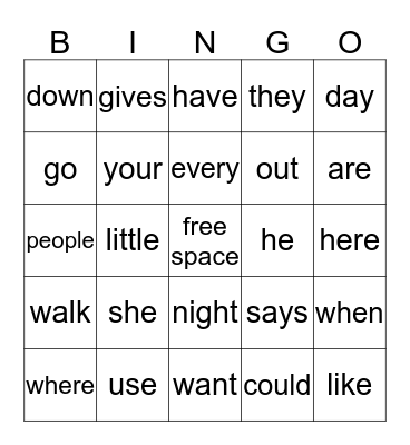 Sight Word Bingo Card
