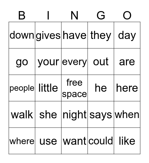 Sight Word Bingo Card