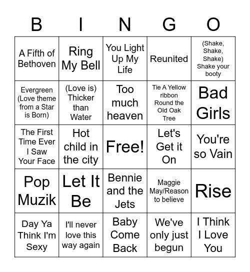 70s Pop Music Bingo Card