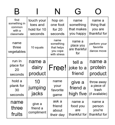 Healthy Behavior Bingo Card