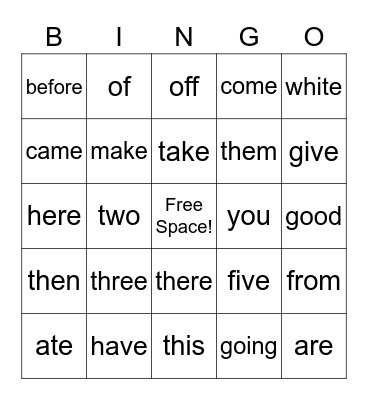 High Frequency Words Bingo Card