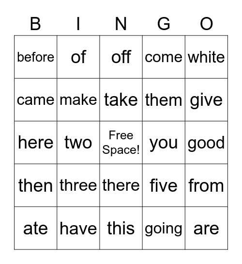 High Frequency Words Bingo Card