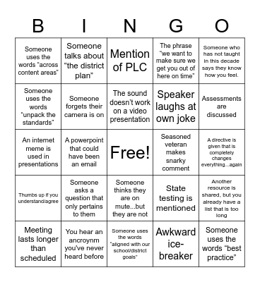 Math Mandatory PLC Meeting Bingo Card
