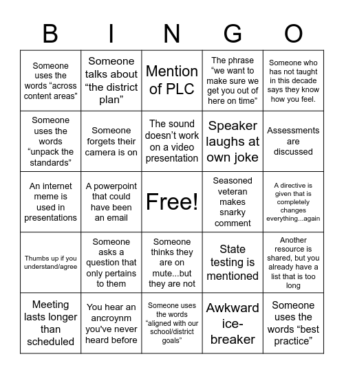 Math Mandatory PLC Meeting Bingo Card