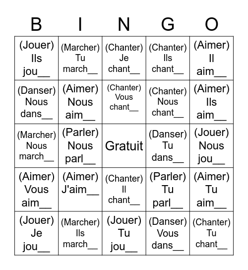 Verbes en -er au présent de l'indicatif Bingo Card