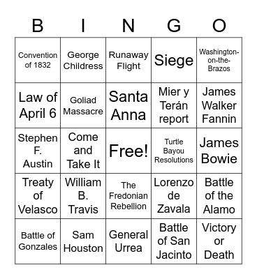 Texas Revolution Bingo Card