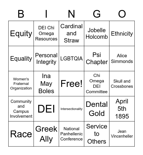 Chi Omega History/DEI Bingo Card