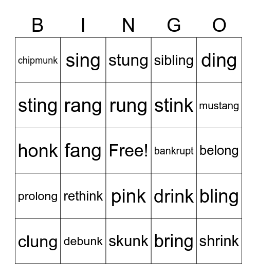 -nk, -ng Words Bingo Card