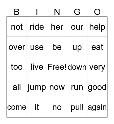 Sight Word Bingo Unit 1-2 Bingo Card