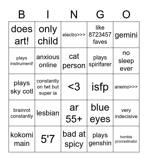 lila's bingo !! Bingo Card